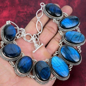 Labradorite Necklace, Natural Blue Labradorite 925 Sterling Silver Necklace, Real Gemstone Handmade Adjustable Chain Necklace Birthday Gift