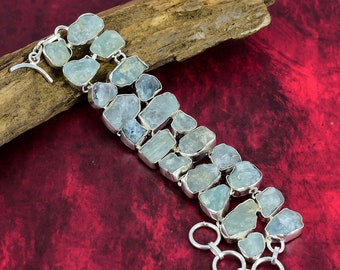 Raw Aquamarine Bracelet 925 Sterling Silver Bracelet, Adjustable Chain Bracelet, Gemstone Jewelry, Handmade Jewelry For Anniversary Gifts.