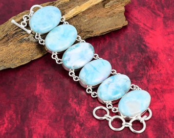 Bracciale in Larimar naturale, bracciale in argento sterling 925, bracciale a catena regolabile, bracciale in cristallo, gioielli fatti a mano, regalo di San Valentino