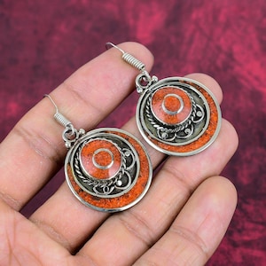 Elegant Red Coral Earrings 925 Sterling Silver Tibetan Jewelry Handmade Earrings Tibetan Earrings Ethnic Nepali Earrings Gifts For Wife