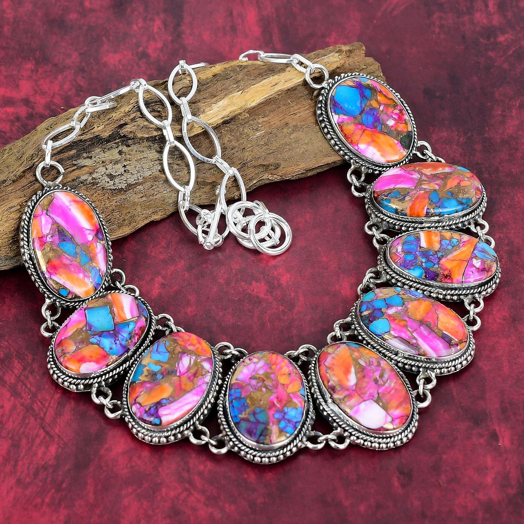 Natural Pink Spiny Oyster Necklace Kingman Pink Dahlia Turquoise 925 Sterling Silver Handmade Jewelry Adjustable Chain Necklace Gift For Her