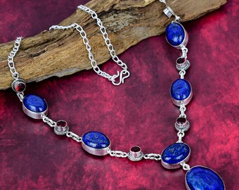 Natuurlijke lapis lazuli edelsteen ketting antieke granaat sieraden 925 sterling zilveren ketting verstelbare ketting handgemaakte ketting watten cadeau
