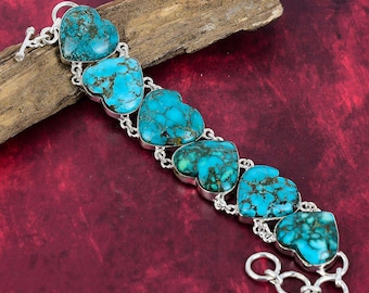 Turquoise Gemstone Bracelet, 925 Sterling Silver Bracelet, Adjustable Chain Bracelet, Heart Shape Gemstone Handmade Bracelet, Birthday Gifts