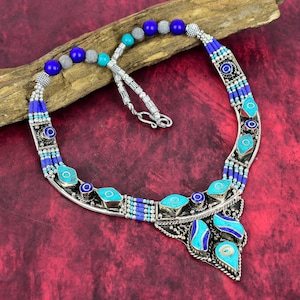 Designer Turquoise & Lapis Lazuli Necklace 925 Sterling Silver Tibetan Beads Necklace Handmade Necklace Jewelry Nepali Jewelry Gift For Love