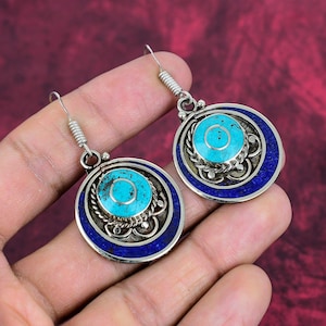 Turquoise & Lapis Lazuli 925 Sterling Silver Earrings Tibetan Earrings Handmade Jewelry Tibetan Jewelry Beautiful Nepali Earrings For Women