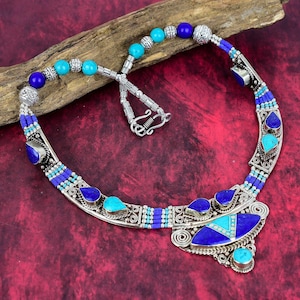 Turquoise & Lapis Lazuli Necklace 925 Sterling Silver Tibetan Beads Necklace Handmade Necklace Designer Jewelry Nepali Necklace Gift For Mom