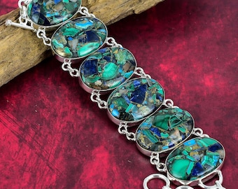 Copper Malachite Azurite Bracelet, 925 Sterling Silver Bracelet, Adjustable Chain Bracelet, Gemstone Bracelet, Handmade Jewelry Gift For Her