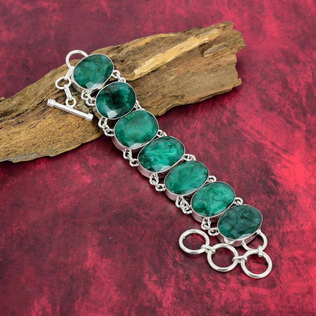 Zambian Emerald Bracelet, 925 Sterling Silver Bracelet, Adjustable ...