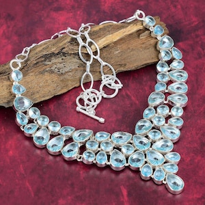 Beautiful Blue Topaz Necklace, 925 Sterling Silver Necklace, Adjustable Chain Necklace, Gemstone Necklace Handmade Jewelry Engagement Gift
