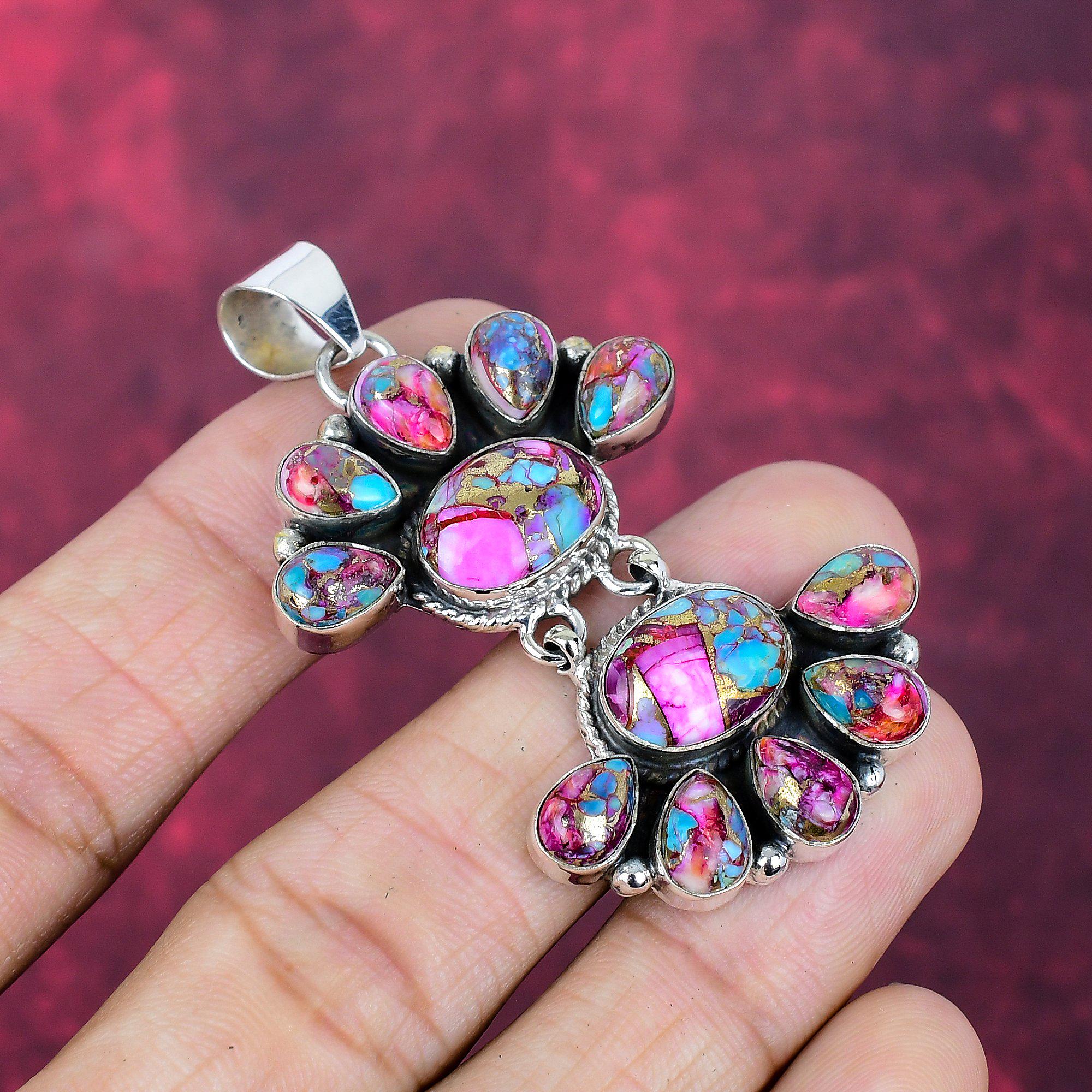 Pink Dahlia Turquoise 925 Sterling Silver Pendant - Handmade