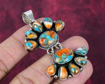 Colgante de plata de ley 925 con turquesa y ostra espinosa naranja, hecho a mano, unisex, con forma de flor, ideal para regalar.