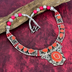 Beautiful Red Coral Necklace 925 Sterling Silver Tibetan Beads Necklace Vintage Necklace Designer Jewelry Nepali Necklace For Birthday Gifts