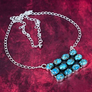 Blue Copper Turquoise Necklace 925 Sterling Silver Necklace Turquoise Adjustable Chain Necklace Bridal Necklace Bohemian Jewelry Women Gift