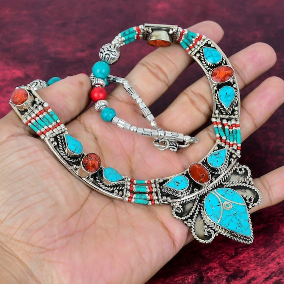 Red Coral Gemstone Necklace 925 Sterling Silver Tibetan Necklace