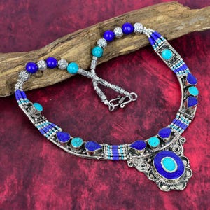 Turquoise & Lapis Lazuli Necklace 925 Sterling Silver Tibetan Beads Necklace Bohemian Necklace Unique Jewelry Nepali Necklace Gift For Women