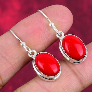 Red Coral Gemstone Earrings 925 Sterling Silver Jewelry, Beautiful Handmade Hook Earrings, Cabochon Stone Earrings Valentine Day Gift