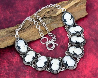 Beautiful Cameo Lady Face Necklace 925 Sterling Silver Adjustable Chain Necklace Handmade Jewelry Cameo Lady Face Gemstone Necklace For Gift
