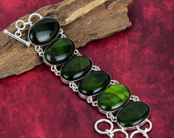 Bracciale in labradorite verde brillante, bracciale in argento sterling 925, bracciale regolabile, bracciale con pietre preziose, gioielli fatti a mano, regali di compleanno.