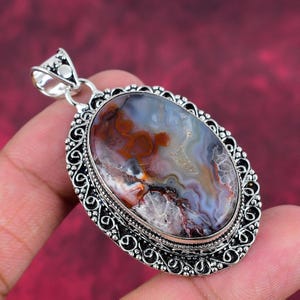 Laguna Lace Agate Pendant, 925 Sterling Silver Jewelry, Gemstone Jewelry, Handmade Pendant, Adjustable Chain Pendant Necklace Wadding Gifts.