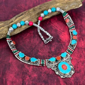 Red Coral & Turquoise Necklace 925 Sterling Silver Tibetan Beads Necklace Bohemian Unique Necklace Wedding Jewelry Nepali Necklace For Gifts