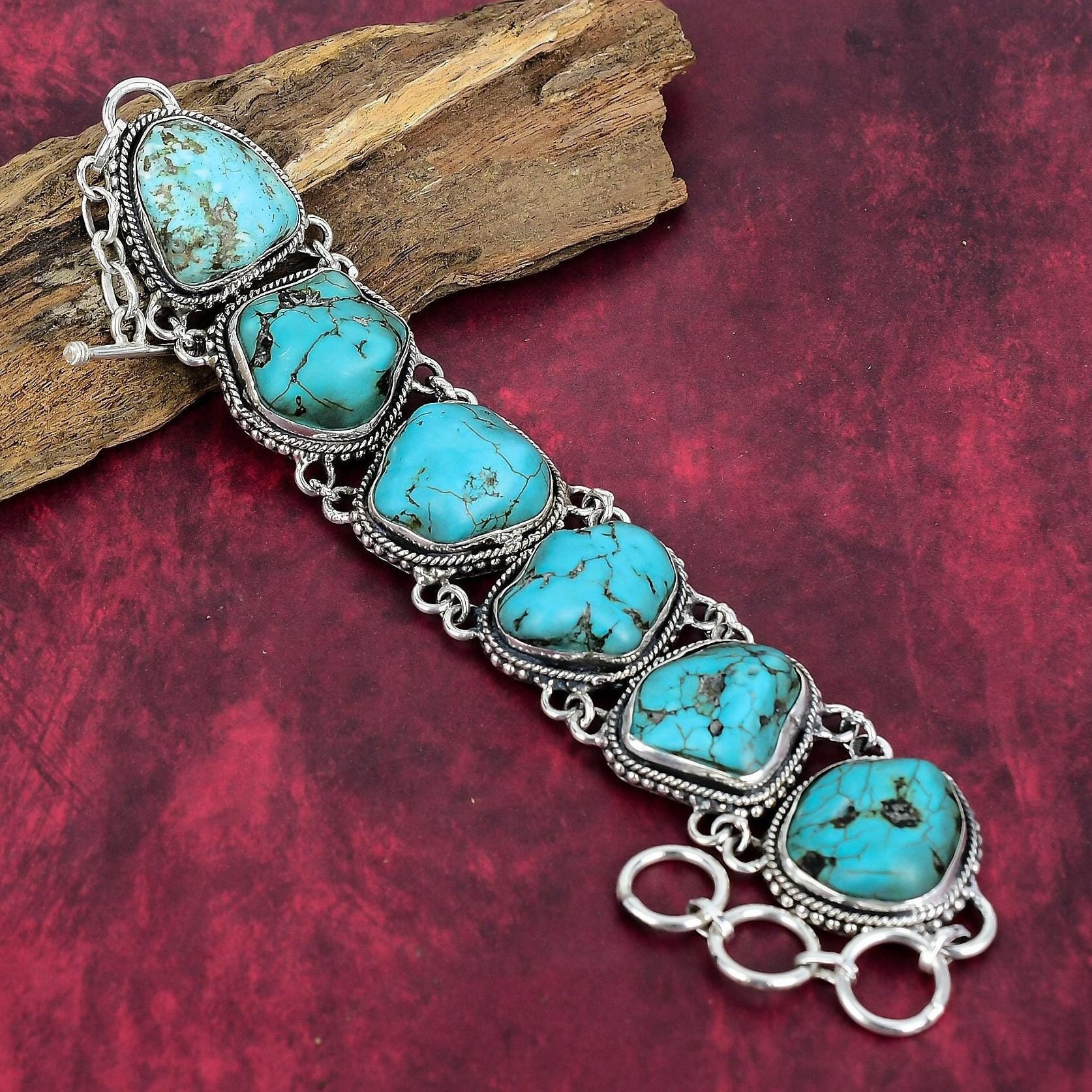 Turquoise Tumble, 925 Sterling Silver Bracelet, Adjustable Chain