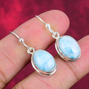 Dainty Larimar Gemstone Earrings Beautiful Handmade Hook Earrings, 925 Sterling Silver Jewelry, Cabochon Stone Earrings Mother Day Gift