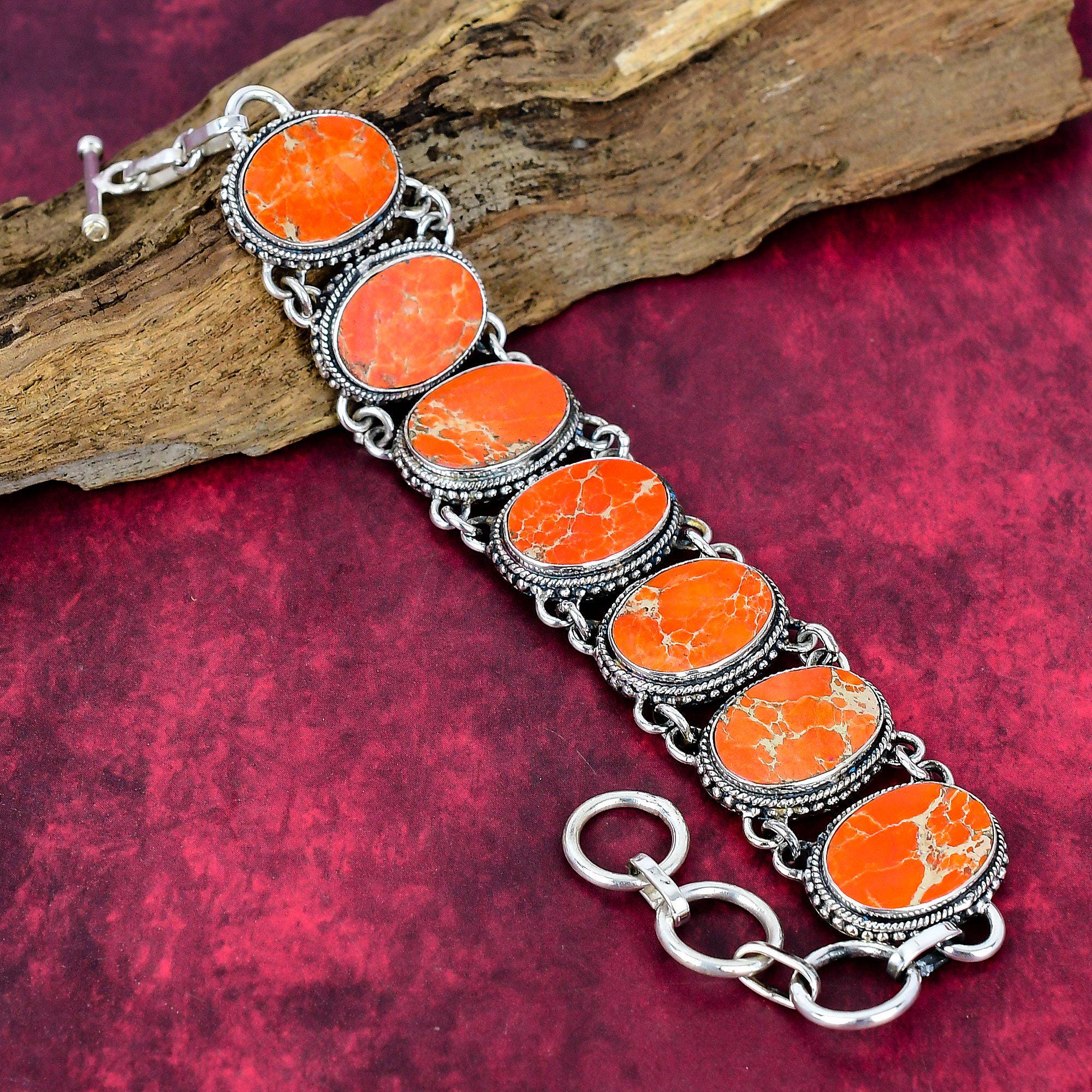 Natural Orange Sea Sediment Jasper Bracelet 925 Sterling Silver Bracelet Adjustable Chain Bracelet Handmade Jewelry Gemstone Bracelet Gift