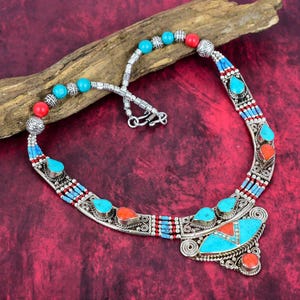 Red Coral & Turquoise Necklace 925 Sterling Silver Tibetan Beads Necklace Statement Unique Necklace Rare Jewelry Nepali Necklace For Gifts