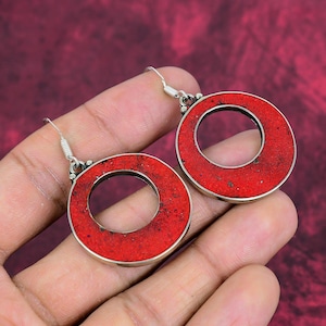 Natural Red Coral Earrings 925 Sterling Silver Tibetan Earrings Bohemian Earrings Tibetan Jewelry Tribal Ethnic Nepali Jewelry For Love Gift