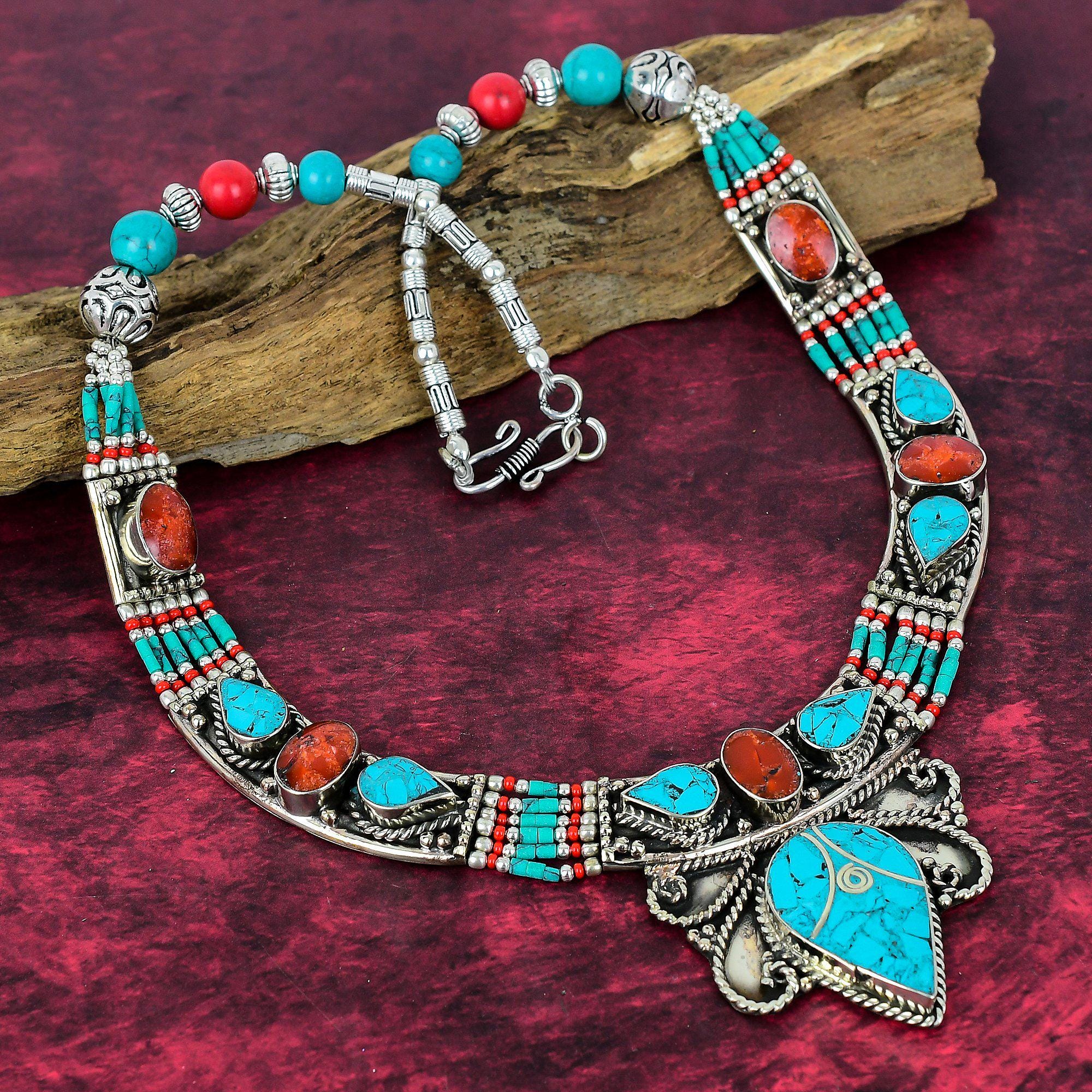 Collier Népalais Extra Fin à Deux Lignes - Pendentif Turquoise & Lapis - France - Votre