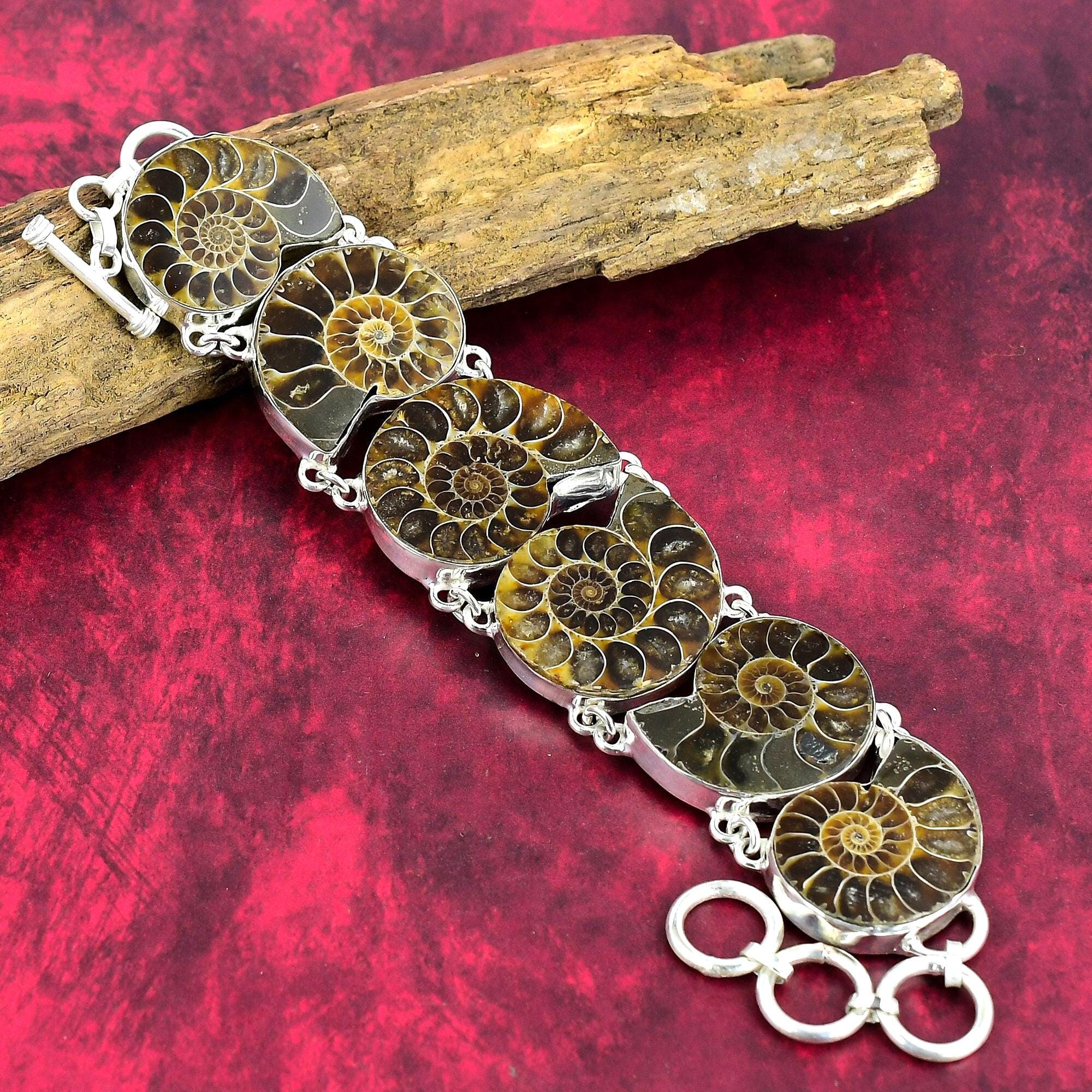 Bracciale fossile di ammonite, bracciale a catena regolabile in argento sterling 925, gioielli fatti a mano con fossili naturali, regali di compleanno per mamma e moglie