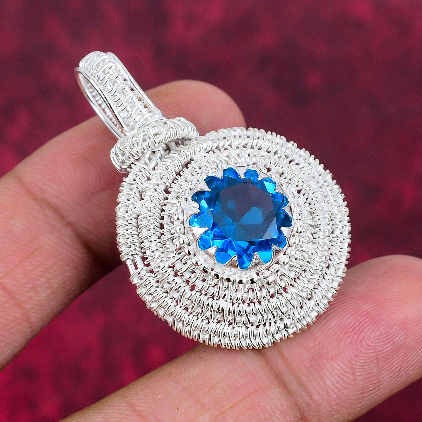 Dainty Blue Topaz Pendant, Faceted Gemstone Pendant, Wire Wrapped Pendant Birthstone Jewelry Handmade Silver Pendant Valentine Day Gift
