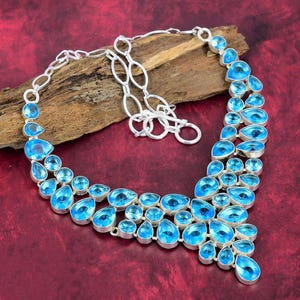 Blue Topaz Necklace 925 Sterling Silver Necklace Faceted Gemstone Necklace Handmade Pendant Jewelry November Birthstone Necklace Women Gift