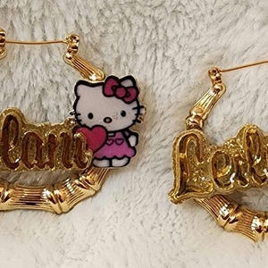 Custom Name Bamboo Earrings | Bling Bamboo Earrings | Personalized Name Earrings | Gold Name Earrings | Custom Bamboo Hoops | Nameplate Gift