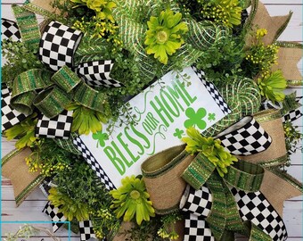 St Patrick's Day wreath, St Patty's Day wreath, Shamrock wreath, Bless This Home wreath