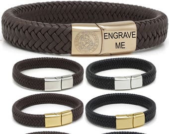 Boys Mens Unisex - Saint St Christopher Soft Premium Leather Wrap Cuff Bracelet - Personalized Free - Any Engraving - Steel Magnetic Clasp