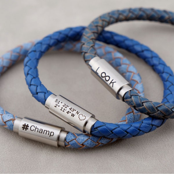 Personalized Round Blue Leather ID or Coordinates Bracelet