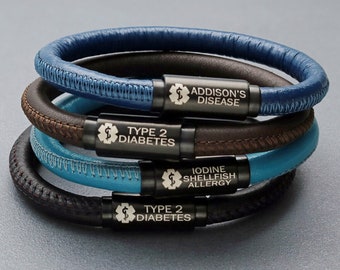 Medical Alert ID Bracelet made from genuine Napa leather. Available in 7 colors