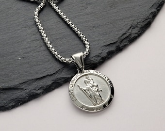 Personalised St Christopher Necklace, Engraved Silver Stainless Steel Pendant, Personalised Engraving, Travel Gift, Stay Safe Gift