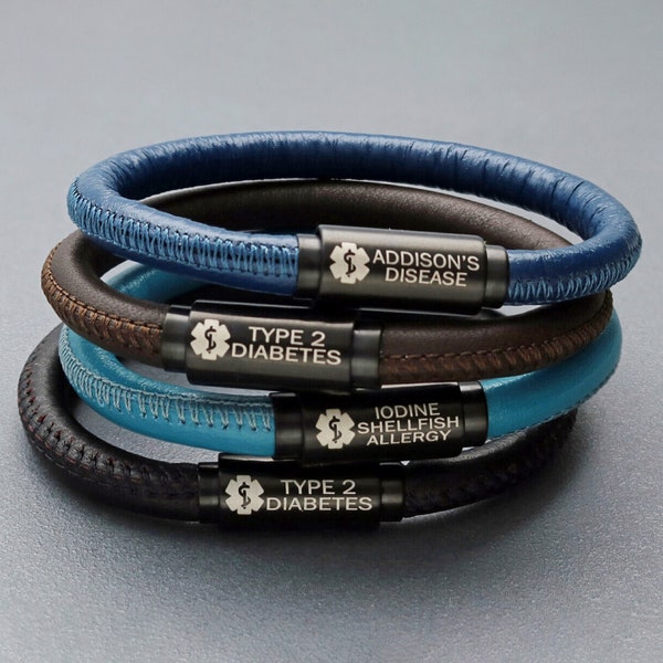 Medical Alert ID Bracelet made from genuine Napa leather. Available in 7 colors