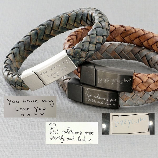 Actual Handwriting Leather Bracelet, engraved with your handwriting on the front or inside of the clasp, boyfriend gift christmas