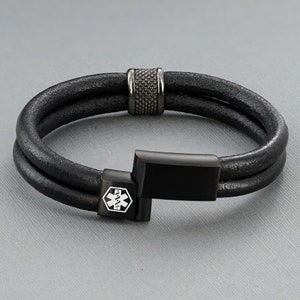 Medical Alert ID Bracelet with Soft Black Leather - Personalised, Any Engraving on Front and Inside - 16 17 18 19 20 21 22 23 24cm