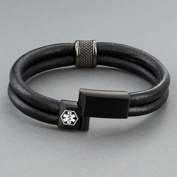 Medical Alert ID Bracelet with Soft Black Leather - Personalised, Any Engraving on Front and Inside - 16 17 18 19 20 21 22 23 24cm