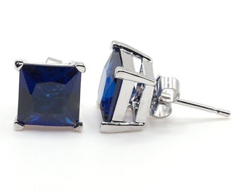 925 Sterling Silver Blue Square 8mm Cubic Zirconia CZ Diamante Stud Earrings