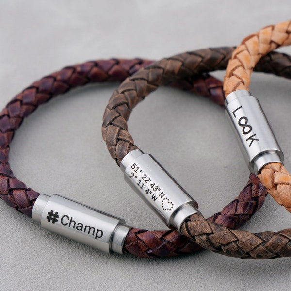 Personalized Round Leather ID Bracelet or Coordinates Bracelet