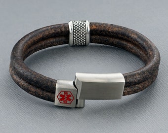 Medical Alert ID Bracelet with Soft Brown Vintage Leather - Personalised, Any Engraving on Front and Inside - 16 17 18 19 20 21 22 23 24cm