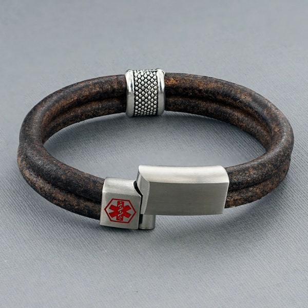 Medical Alert ID Bracelet with Soft Brown Vintage Leather - Personalised, Any Engraving on Front and Inside - 16 17 18 19 20 21 22 23 24cm