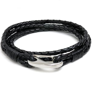 Black Bolo leather and stainless steel Lobster Clasp Wrap Bracelet