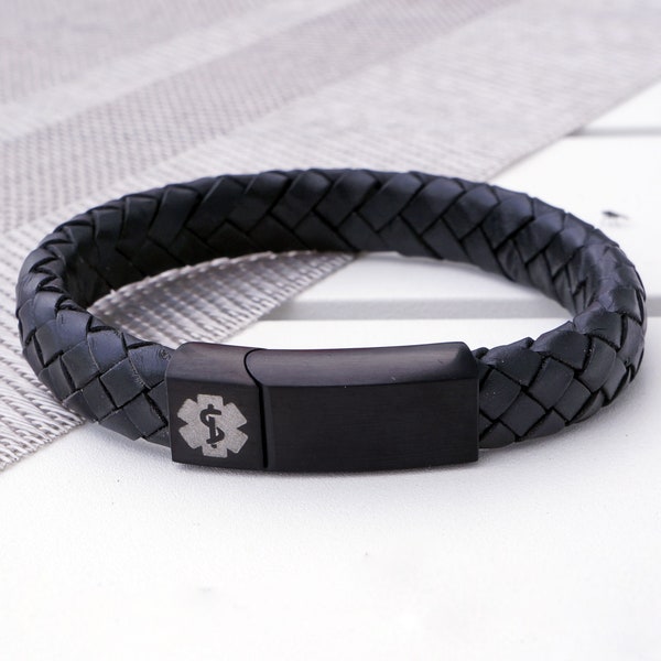 Customisable Medical Alert ID Black Leather Bracelet with free Front and Inside engraving.