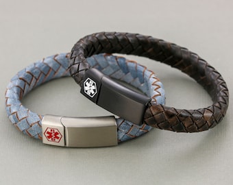 Medical Alert Leather Bracelet with any Engraving on Front and Inside